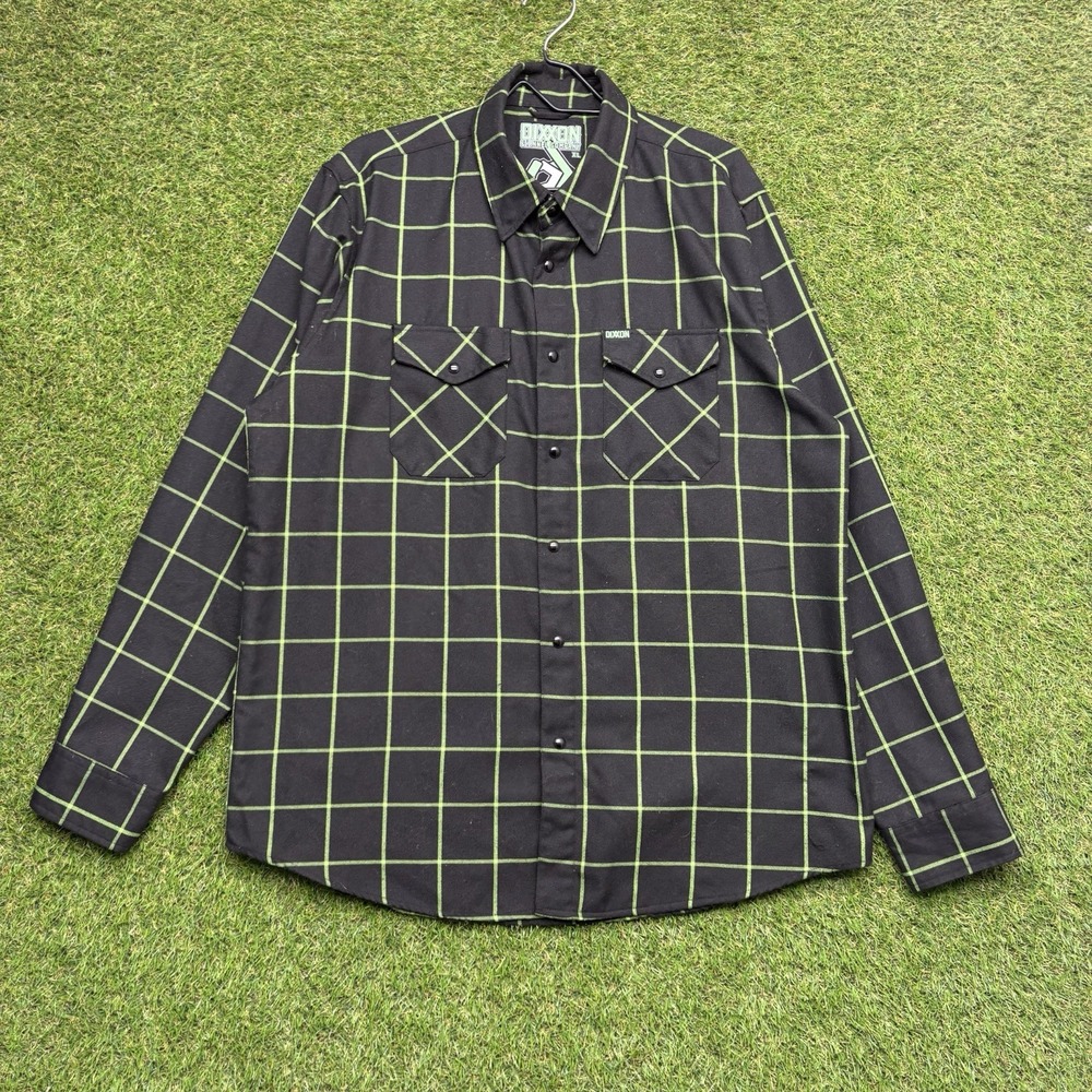 DIXXON Flannel THE FACTORY Shirt Mens XL Black Green Thick Plaid Long Sleeve